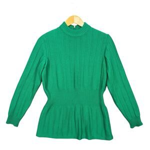 Gino Paolo Italy Wool Ribbed Sweater Green Mod Hourglass Peplum Knit 60s 70s S M